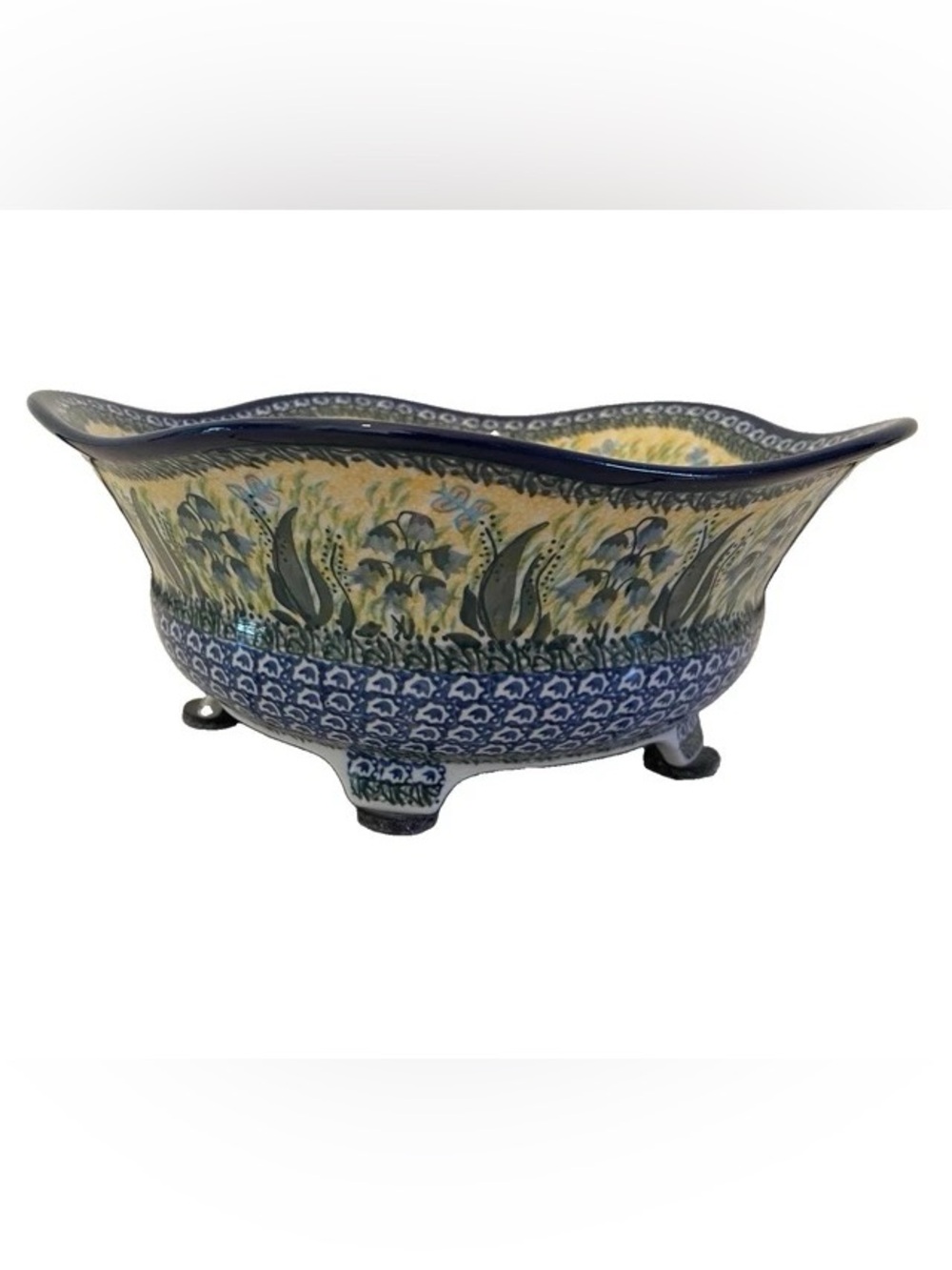 Polish Pottery Unikat Lily of the Valley Footed Bowl A. Damian Ceramika 12"